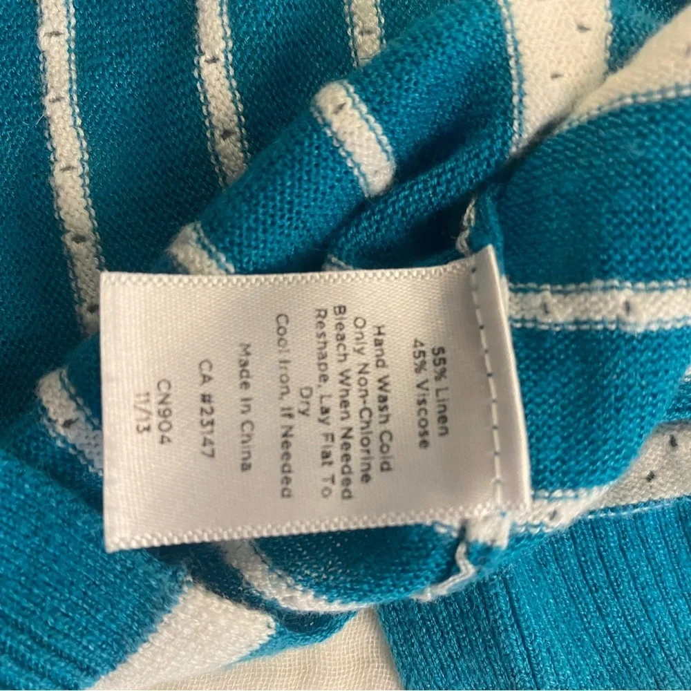 Talbots Sweater Shirt Teal Striped Linen Blend 3/4 Length Medium Petite Coastal - Picture 10 of 16
